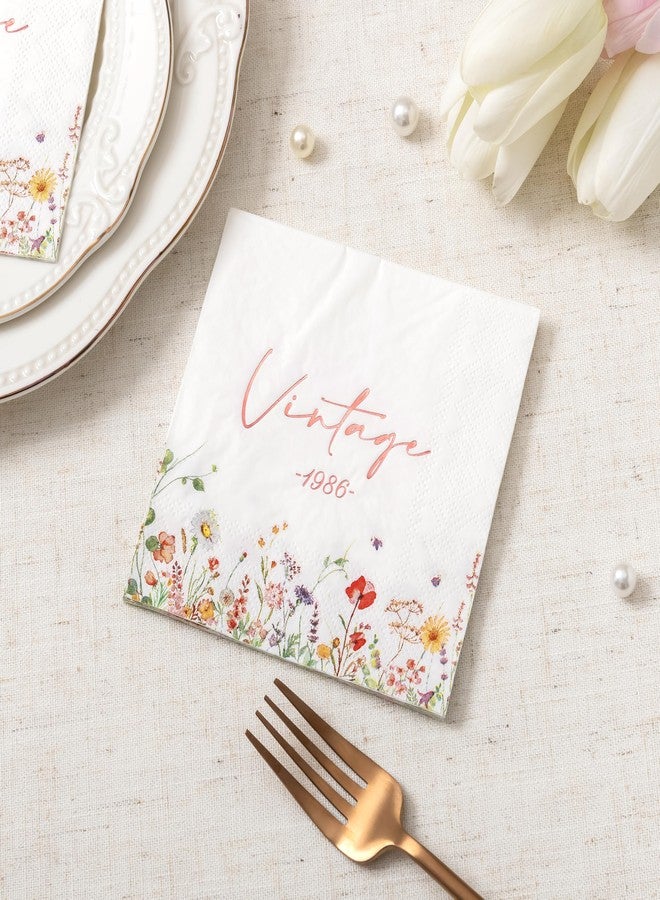 Crisky Floral 40th Birthday Napkins for Women 40th Birthday Decorations, 50 Pcs Vintage 1986 40 Years Old Disposable Napkins for Cake Dessert Beverage Table Bday Party Supplies, 3-Ply - Image 3